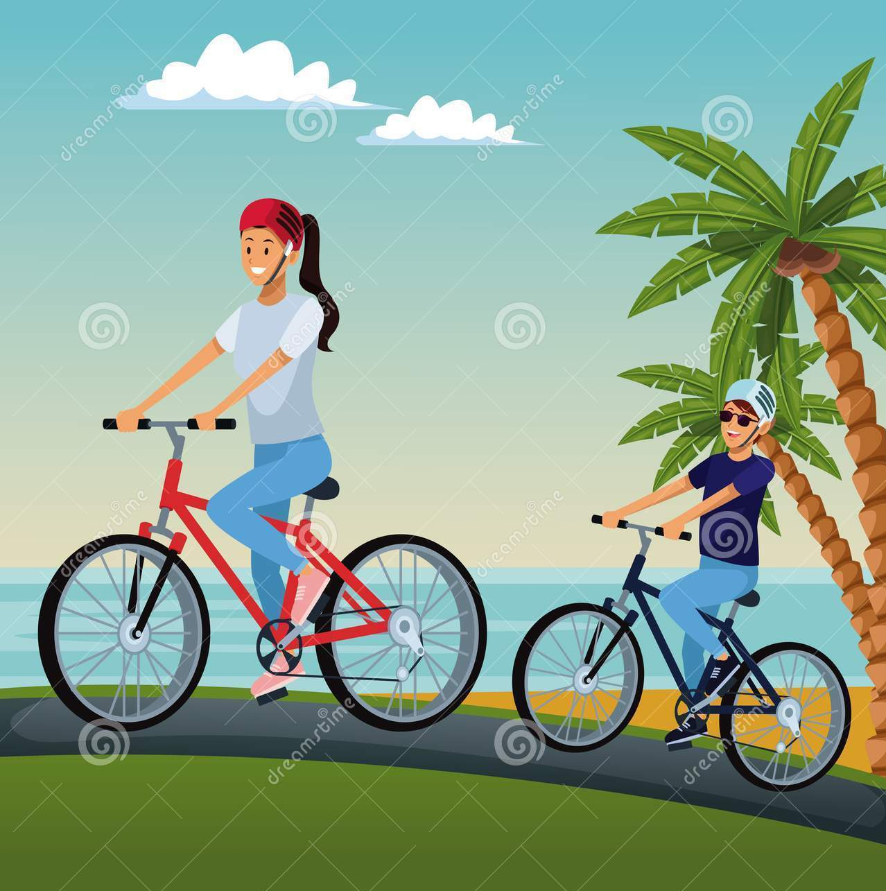 cute-couple-riding-bikes-beach-vector-illustration-graphic-design-117854505
